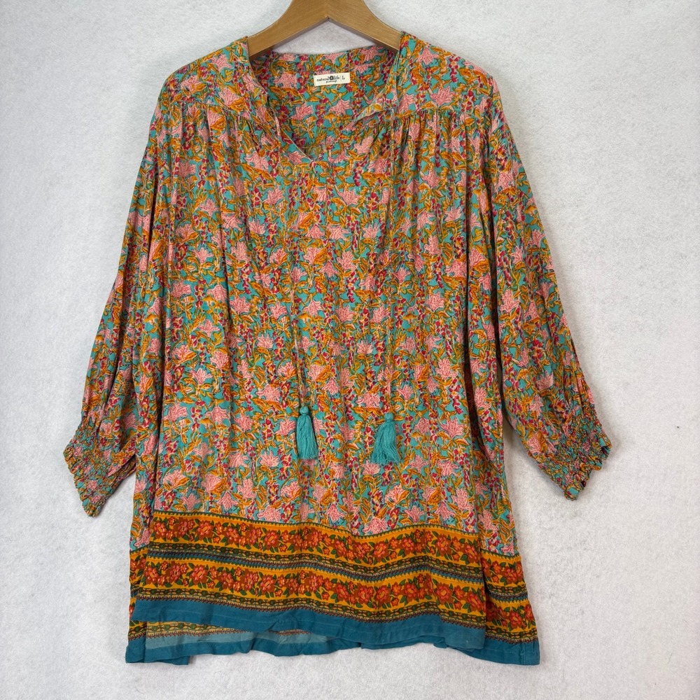 Natural‎ Life Dara Tunic Mini Dress Size L Turquoise/Orange Boho Floral Tassels